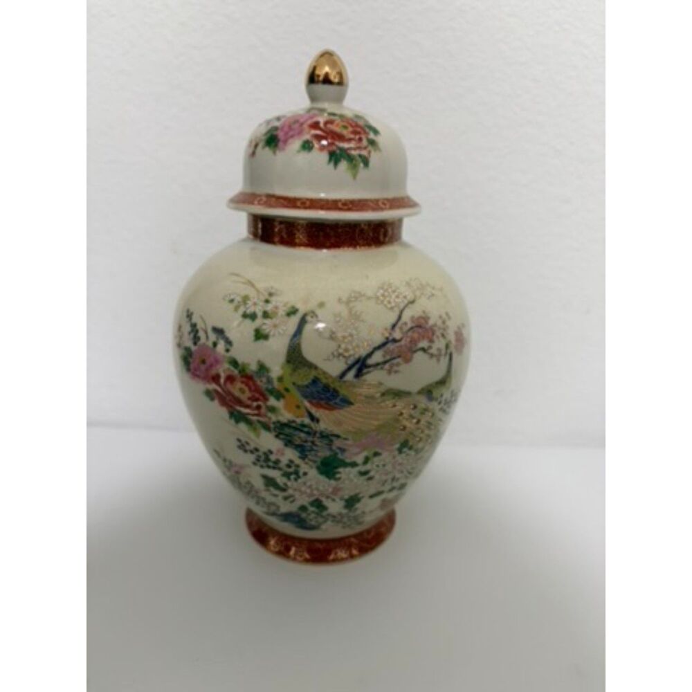 vtg Japanese satsuma crackle ginger jar with peacock and floral decor
